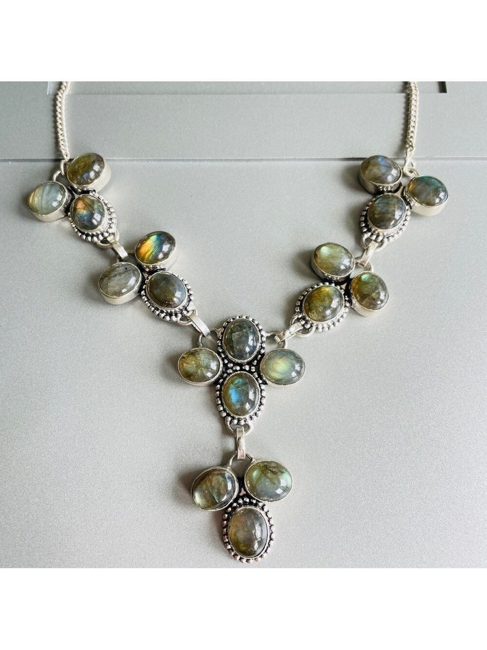 Natural Labradorite Multi Gemstone Cluster Link Sterling Silver Necklace…